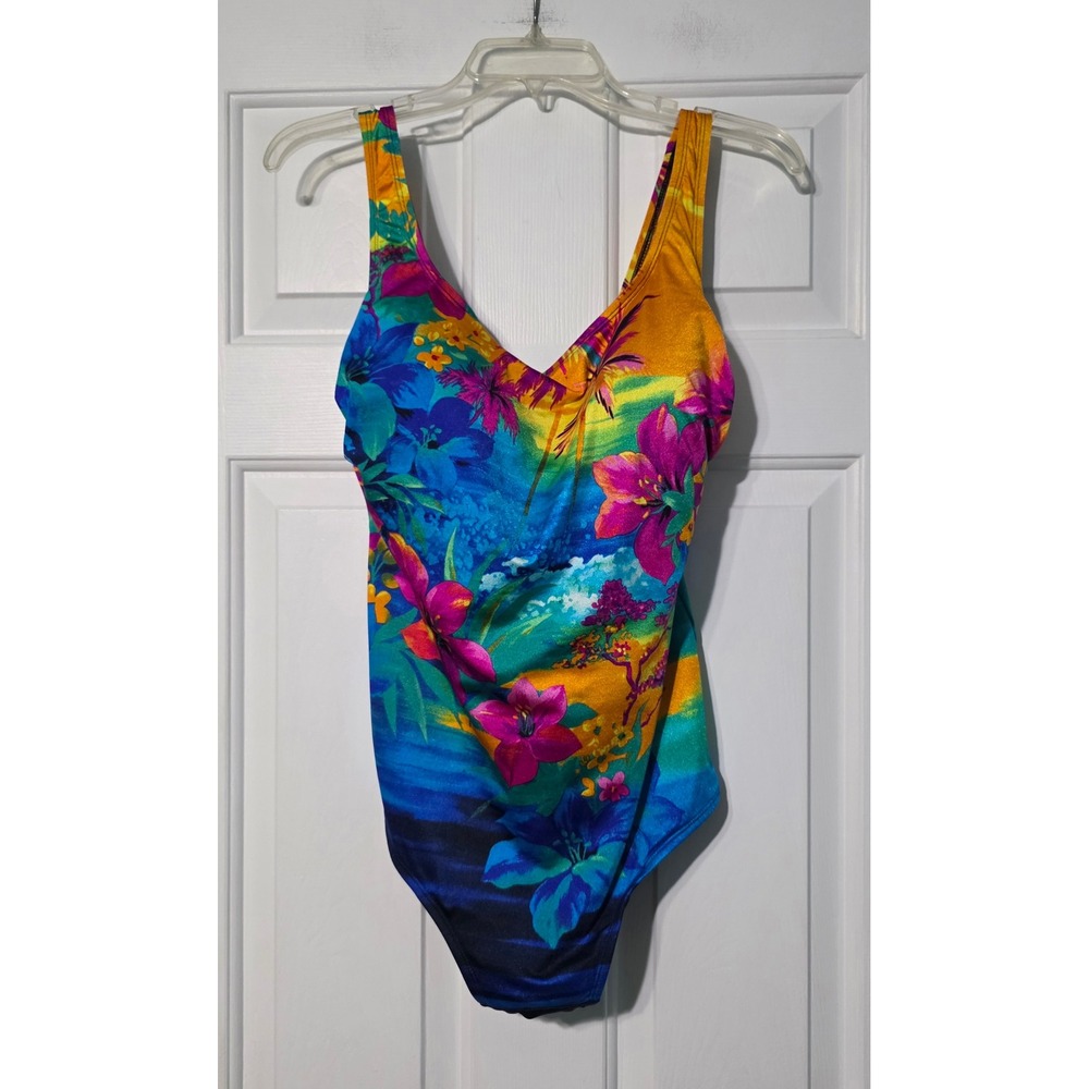 Longitude Womens Size 20 One Piece Swimsuit Tropical Floral Blue Pink